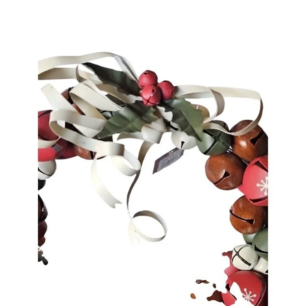 Rustic Christmas Jingle Bell Wreath Red Green Brown Metal Holiday Decor 10 Inch